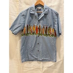 Aloha Republic Mens Large Blue Grid Surfboard Graphic Hawaiian Camp Shirt Hawaii